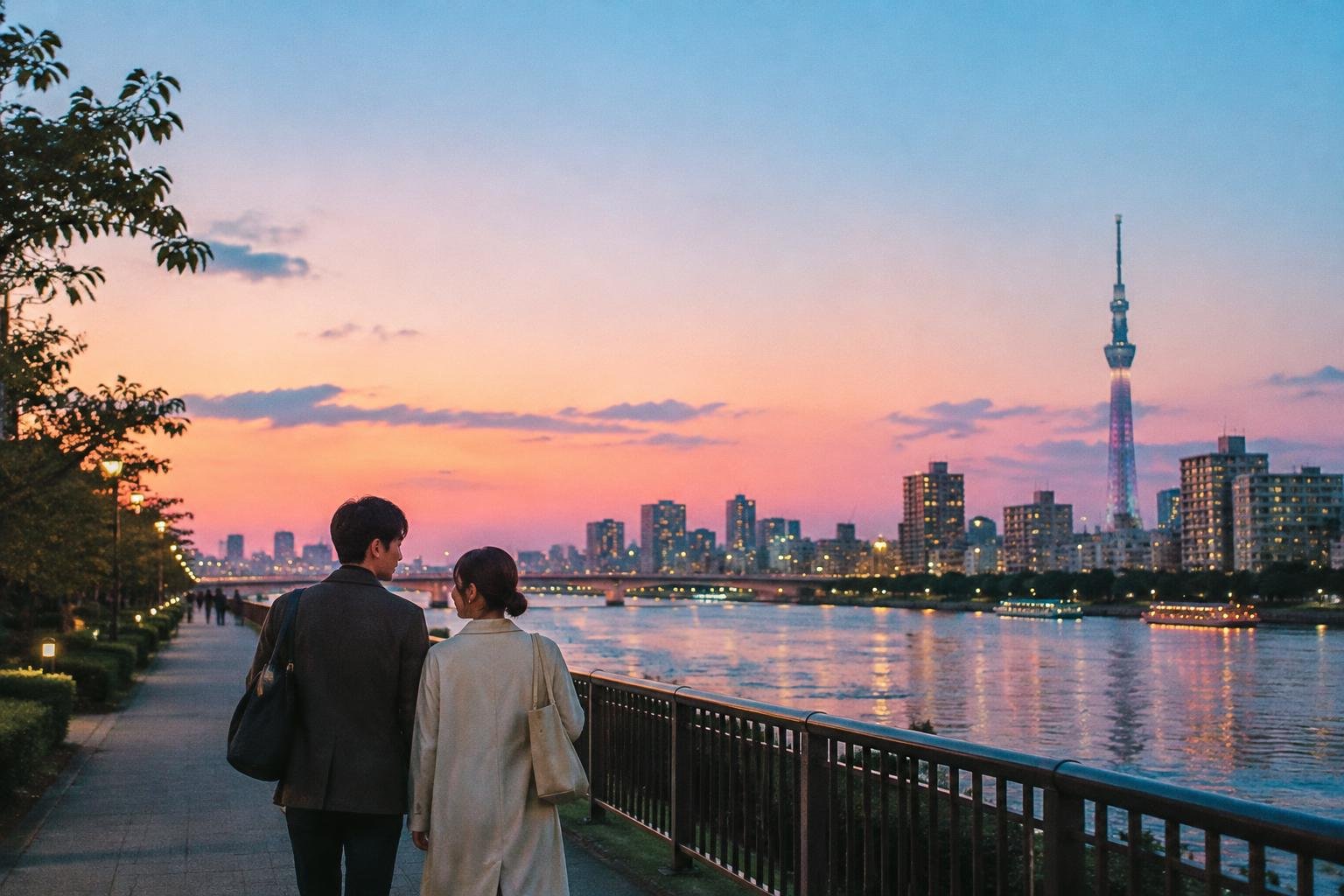 夕暮れの川沿いを並んで歩くふたり