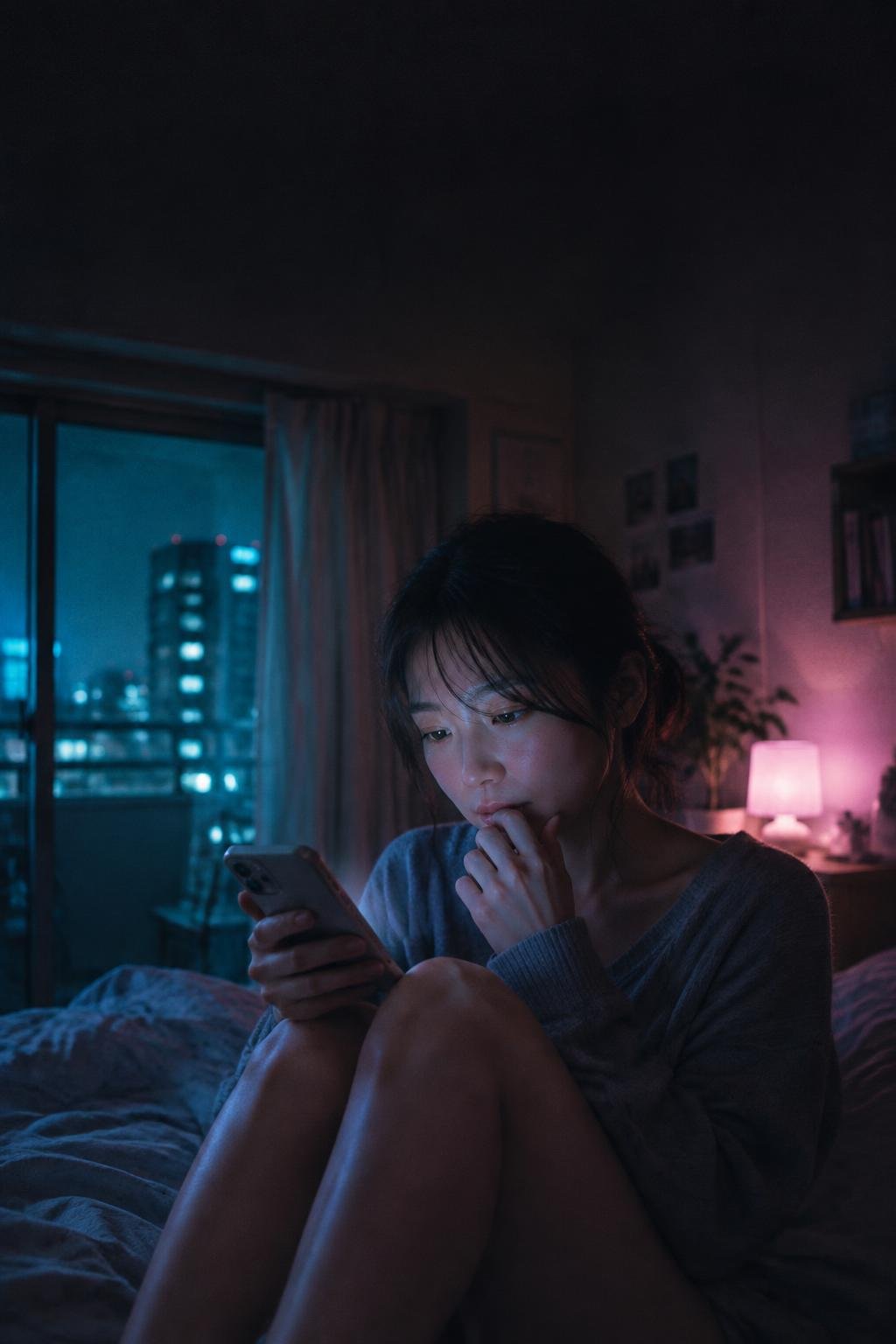 夜、スマートフォンを見つめて返信に迷う女性