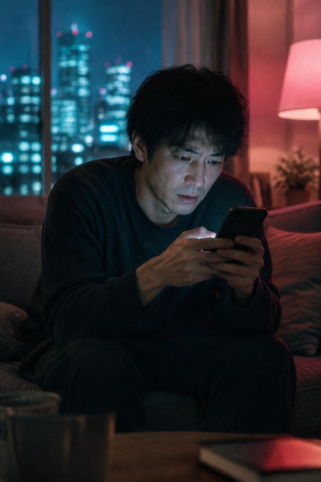 ソファでメッセージを打ちあぐねる男性